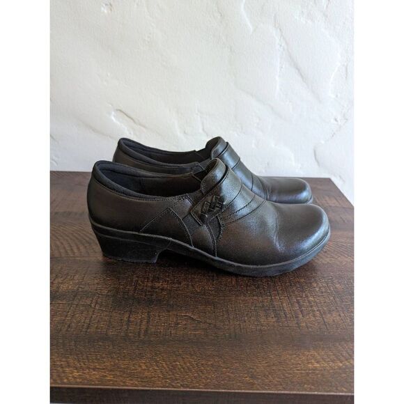 Clarks Collection Angie Pearl Black Leather Slip-on Clog Shoes - Size 11M - Picture 1 of 9